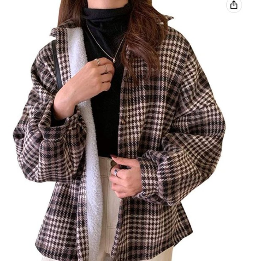 Warm Sherpa Lined Fleece Button Down Oversized Plaid Flannel Shirt Jacket